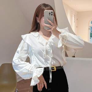 Chemisier en mousseline blanc pour femme Runqi N8335, col à volants, col noué, manches longues, chemise de tous les jours, couleur unie, tissu polyester - Product Image 4