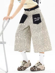 Leopard Print <b>Culotte</b> Jeans Wide Leg Denim Shorts Patchwork Pocket Casual Streetwear Trousers - Product Image 1
