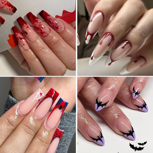 Venta caliente moda <span class=keywords><strong>Halloween</strong></span> diseño 24 piezas ataúd largo <span class=keywords><strong>Uñas</strong></span> acrílicas falsas logotipo personalizado prensa francesa en <span class=keywords><strong>uñas</strong></span> al por mayor - Product Image 1