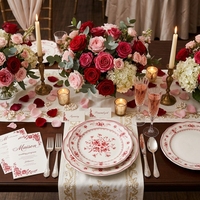 Assiettes de dîner en céramique vintage à motif de roses rouges, bord festonné, vaisselle de luxe en porcelaine, service de table pour mariage, hôtel, maison