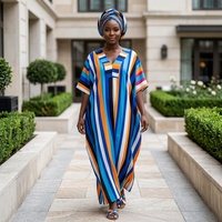 Nouvelles Robes d'été grande taille à imprimé rayé africain, col en V, coupe ample, style Kaftan Boubou pour femme, avec poches, ethniques, respirantes et infroissables