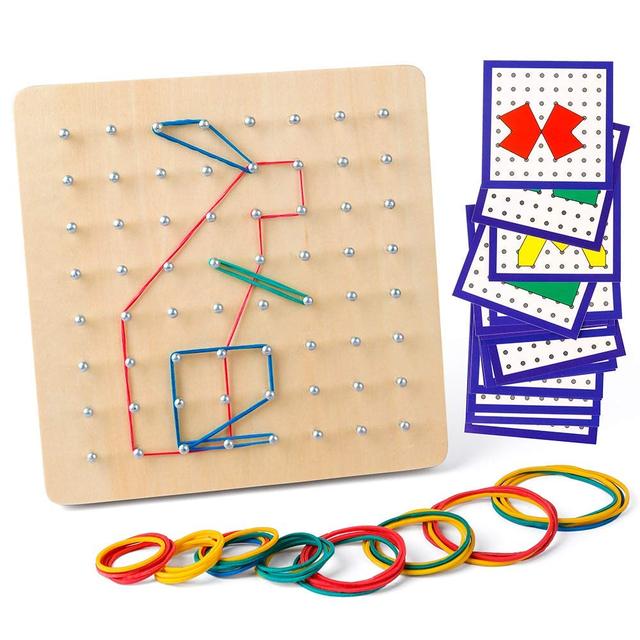 Mathematical Manipulative Material Array Block Graphical Educational Toys with 24Pcs Pattern Cards Wooden Geoboard