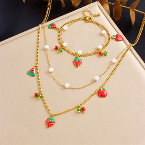 Fruit Pendant Stainless Steel Necklace And <b>Bracelet</b> <b>Set</b> For Women Party Jewelry With Apple Strawberry Watermelon Design - Product Image 1