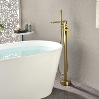 Robinet de baignoire autoportant en or brossé, à poser au sol, mitigeur avec douchette à main, base ronde, robinet de baignoire moderne