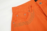 Pantalon Homme 100% Coton Toile Coupe Ample Jambe Large Orange Boutonné Oversize Hip Hop Décontracté Coupe-Vent Délavé à l'Acide Épais