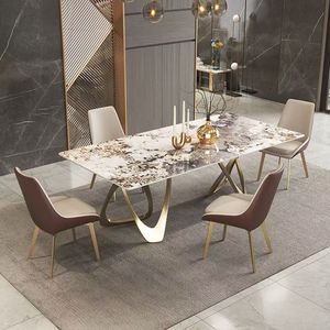 <span class=keywords><strong>Table</strong></span> à manger complète de luxe moderne haut de gamme avec plateau en pierre frittée et base en acier inoxydable, 6 chaises, rectangulaire, mobilier de maison et d'atelier - Product Image 1