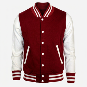 Men's Red White Varsity Jacket Casual Turn-down Collar Regular Fit Polyester Material 100% Wool PU Leather Sleeves Custom LOGO - Product Image 1