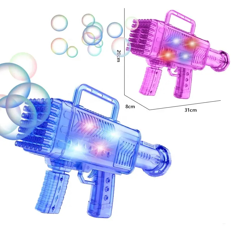 Máquina de fazer bolhas automática com luz e música, pistola de bolhas com 46 furos, alimentada por bateria