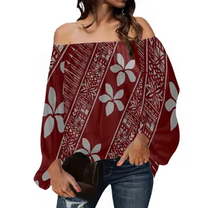 Spring Fashion Off Shoulder Lady Blouse Plumeria Print Elegant Casual Long Sleeve Top Maroon Polynesian Samoa Tribal Shirt Women