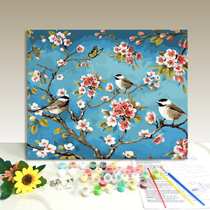 Paint by Numbers Canvas Kit Cherry Blossom Birds Rectangle Pastoral Style Handmade Digital Printing Flower Art DIY - Product Image 1