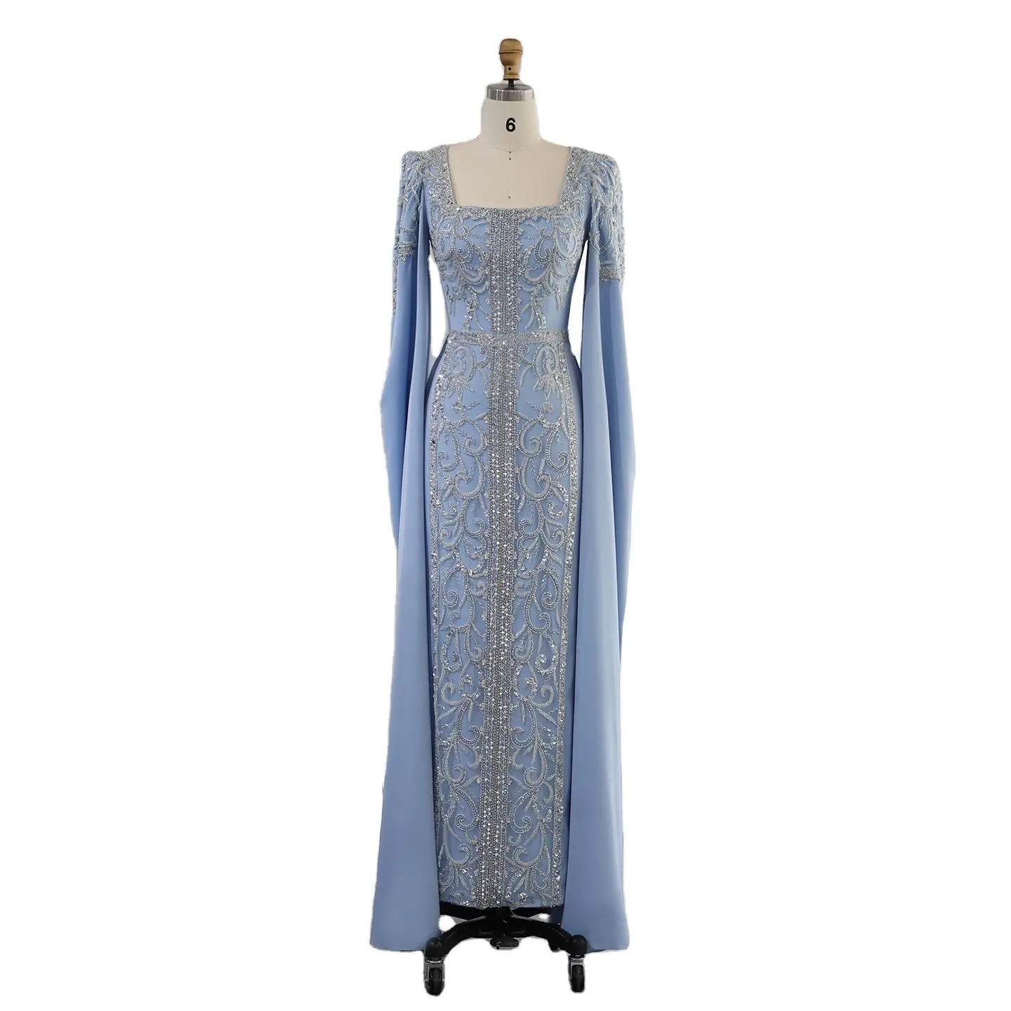 Sharon Said SS365 Luxury Beaded Cape Sleeves Square Collar Arabic Dubai Blue Mermaid Muslim Evening Dresses 2023