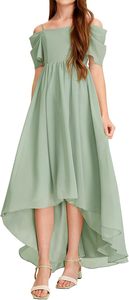 Robe de demoiselle d'honneur <span class=keywords><strong>junior</strong></span> en mousseline asymétrique à épaules dénudées, coupe trapèze, couleur unie, pour filles, idéale pour les fêtes d'anniversaire - Product Image 3