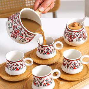 Bohemia Style Coffee Cup and Sugar Jar <b>Arabic</b> <b>Tea</b> <b>Set</b> with Wooden Tray Ceramic Coffee <b>Set</b> - Product Image 2