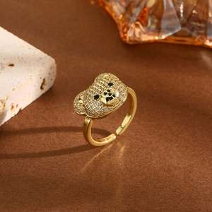Anillo Zoryn con diseño de oso de peluche estilo vintage, chapado en cobre con circonitas coloridas, incrustaciones de circonita, chapado en oro de 18 quilates, anillo abierto con oso de peluche colorido - Product Image 2