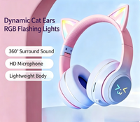 Headphone telinga kucing kartun warna-warni gradasi, headphone gaming latensi rendah tahan air IPX-6 dengan lampu LED