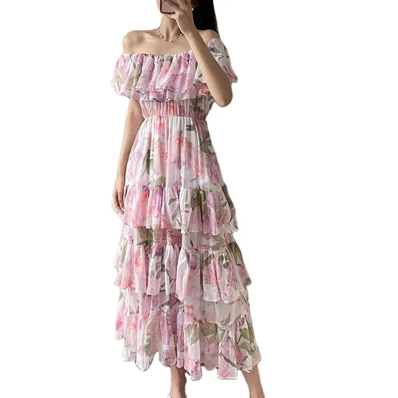 Damenmode Designer kleidung Mittellange One Shoulder Floral Print Holiday Dress