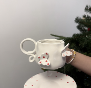 كوب قهوة خزفي كوري أنيق سعة 270 مل مع صحن، مزين يدويًا برسومات الفراشات، مثالي كهدية - Product Image 3