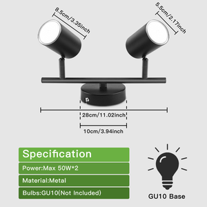 Spot LED de plafond moderne en fer noir mat <span class=keywords><strong>GU10</strong></span> à 2 barres, orientable, certifié RoHS CE, CRI 80, pour bureau et cuisine - Product Image 2