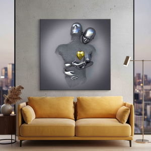 Modern Glass Wall Art: Silver Hugging Couple, Gold Heart Printed Canvas,<b>WRAPPED</b> CANVAS - Product Image 3