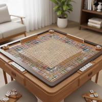 Alas Meja Mahjong Berbingkai Rotan Motif Tartan Patchwork, Gaya Retro Farmhouse, Permukaan Permainan Dekoratif