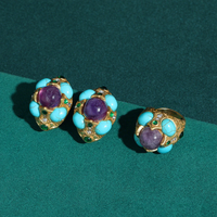 Boucles d'oreilles clous médiévales rétro en améthyste et turquoise craquelée, assorties, avec ensemble tendance