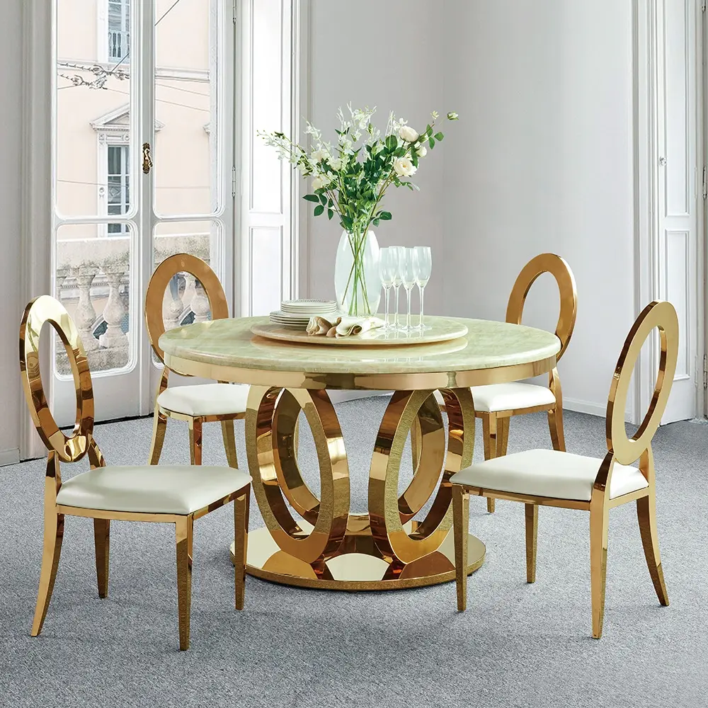 Europeo moderno rotondo tavoli da pranzo con 6 sedie marmo in oro rosa in acciaio inox tavolo da pranzo