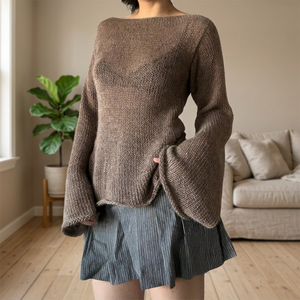 Suéteres Y2K con Lazos en la Espalda para Mujer, Manga Larga, Cuello Redondo, Color Sólido, Tejido de Punto, Estilo Casual, Otoño 2023, Nuevo, Marrón, Talla M - Product Image 3