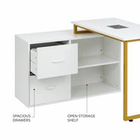 Table de manucure moderne avec tiroirs, étagères ouvertes, poste de travail pour technicien(ne) ongulaire, trou pour lampe, collecteur de poussière, bureau de manucure pour salon de beauté