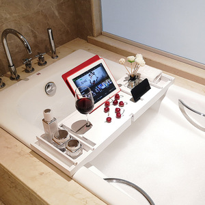 Support de tablette et téléphone rétractable antidérapant en bambou pour baignoire, accessoire de bain multifonctionnel - Product Image 2