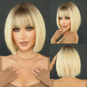 Peluca recta Bob corto con <span class=keywords><strong>flequillo</strong></span> 12in corto Ombre Blond Yaki peluca sintética resistente al calor Borgoña pelo rojo para fiesta Cosplay - Product Image 2