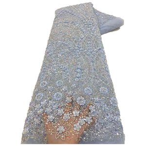 <span class=keywords><strong>Tulle</strong></span> <span class=keywords><strong>bleu</strong></span> africain NI.AI avec perles et paillettes, tissu brodé en dentelle pour robe de mariée - Product Image 1