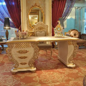 Europese Klassieke Koninklijke Goud Studeerkamer Kantoor Tafel Bureau Stoelen Sets Hout Gesneden Hand Made Home Villa Meubels