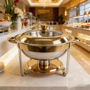 Réchaud de buffet rond en acier inoxydable avec couvercle, chauffage à l'alcool doré, équipement de maintien au chaud pour banquets d'hôtel - Product Image 2
