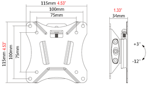 ขายึดทีวีติดผนังแบบปรับเอียงได้ ผลิตจากเหล็กแผ่นรีดเย็น รองรับ VESA สูงสุด 100x100 องศาเอียงได้ระหว่าง +3 ถึง -12 สำหรับหน้าจอขนาด 10 ถึง 34 นิ้ว - Product Image 5