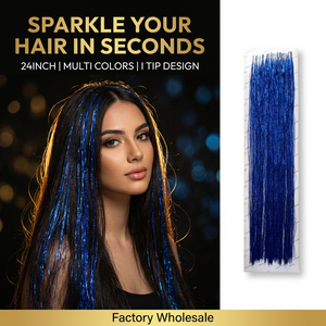 Extensions de <span class=keywords><strong>cheveux</strong></span> en tinsel PET brillant à pointe droite de 24 pouces, pré-collées, avec 25 pointes, pour festivals, vente en gros - Product Image 1