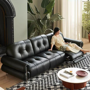 Sofá Funcional Eléctrico de Cuero Negro Estilo Retro, Sofá de Piel Vacuna Inclinable sin Pared, Color Marrón Azúcar Francés - Product Image 3