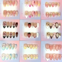 Lot de 10 faux ongles amande à pointe française, motif 3D sculpté, en poudre acrylique, décorations peintes à la main, ongles à presser faits main, fournitures pour ongles