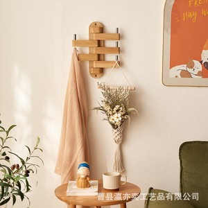 Adjustable Wooden <b>Wall</b> <b>Mounted</b> Coat Rack With Hooks Storage <b>Shelf</b> Nordic Style Rectangle Solid Wood 5 Layers Natural Color - Product Image 3