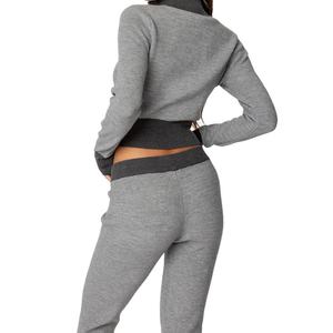 Ensemble deux pièces décontracté pour femme avec logo personnalisé, nouvelle mode, col montant, motif uni, haut court, pantalon évasé en tricot - Product Image 4