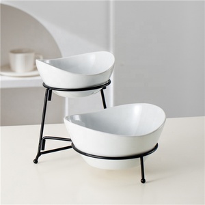 Plateau à 2 niveaux en porcelaine blanche de 6 à 7,5 pouces avec support en métal noir, résistant à la chaleur, pour apéritifs, fêtes, mariages, maison et cuisine - Product Image 3