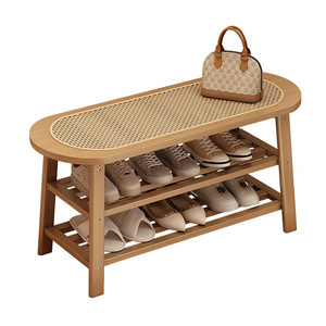 <span class=keywords><strong>Banc</strong></span> à chaussures autoportant 3 niveaux en bambou et rotin, style nordique, respirant, avec coussin de siège pour entrée - Product Image 1