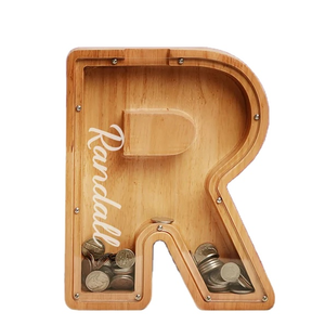 wholesale custom alphabet letter coin money saving storage box wooden letter piggy bank wood for kids birthday