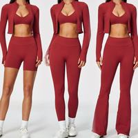 Ensemble de sport 5 pièces pour l'automne : veste ajustée à manches longues, pantalon évasé, tenue de fitness moulante pour la gym et les activités sportives