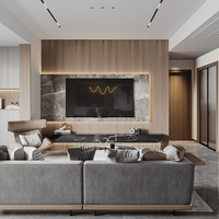 Meuble TV en bois naturel sans poignées, moderne, brun foncé, pour la maison ou le bureau, style industriel avec plateau en marbre