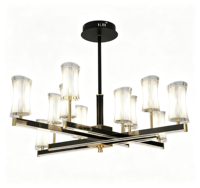 Lustre en laiton antique à bras croisés, luminaire linéaire moderne avec abat-jour en verre cannelé, taille moyenne, LED, hauteur réglable pour salon