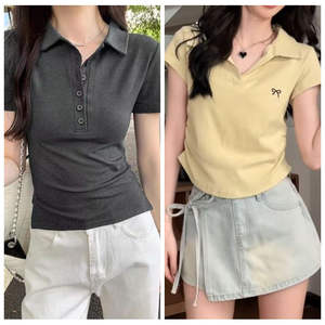 Camiseta de Punto con Cuello Polo Gris Básico de Alta Gama Estilo Retro Americano, de Manga Corta y Hombros Descubiertos para <span class=keywords><strong>Mujer</strong></span>, Diseño Veraniego - Product Image 2