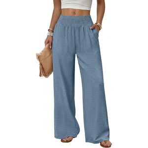 Pantalones Anchos de Cintura Alta para Mujer con Bolsillos, Casuales, Transpirables, Mezcla de Algodón y Spandex, Diseño Simple - Product Image 1
