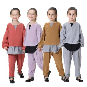 C0025 Costume modeste de style turc pour enfants musulmans Ensemble 2 pièces chemise longue et pantalon pour petites filles arabes à manches longues