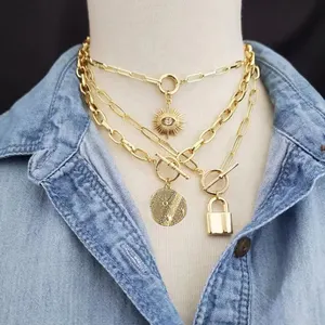 Gold-color paper clip chain necklace Creative design 18K Plated Brass Eye lock Sun pendant Collar