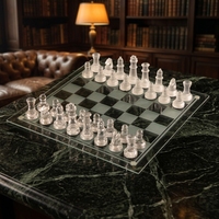 Jeu d'échecs en verre cristal 35/25/20cm, pièces givrées/transparentes, roi de 7,5cm, coussinets antidérapants écologiques
